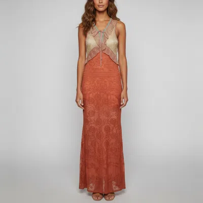 Pre-owned Roberto Cavalli Orange Lurex Knit Sleeveless Maxi Dress S