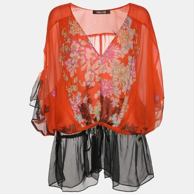 Pre-owned Roberto Cavalli Orange/black Floral Print Chiffon Tops S