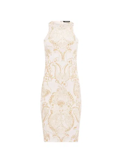 Roberto Cavalli Sleeveless Metallic Jersey Devore Mini Dress In White