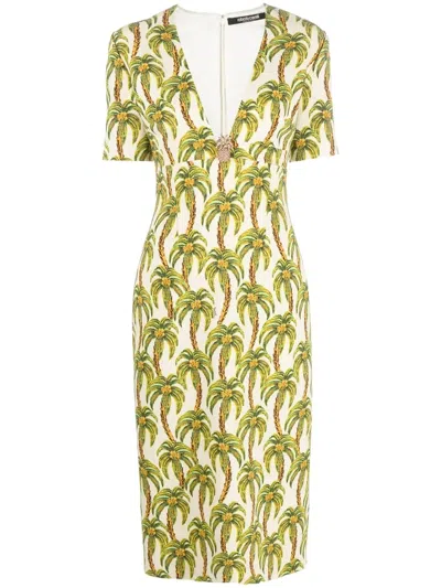 Roberto Cavalli Palm Tree-print Midi Dress In Neutrals