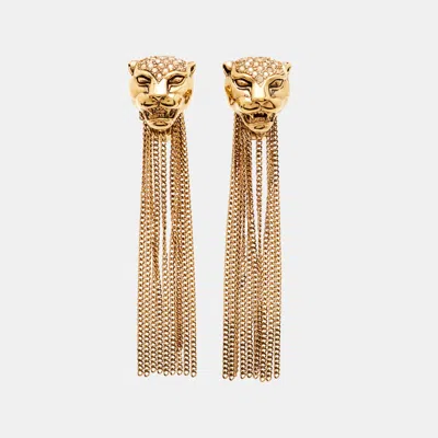 Pre-owned Roberto Cavalli Panther Crystal Gold Tone Tassel Drop Earrings