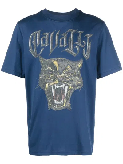 Roberto Cavalli Panther-print Cotton T-shirt In Blue