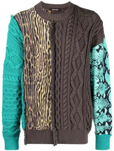 Roberto Cavalli Patchwork-detail Crew Neck Jumper In Blue