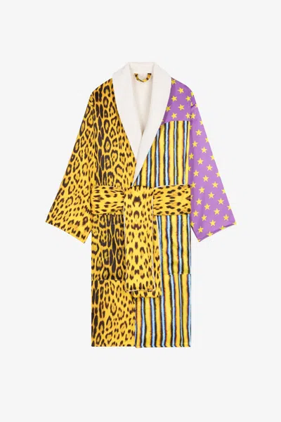 Roberto Cavalli Patchwork Leopard-print Robe In Yellow