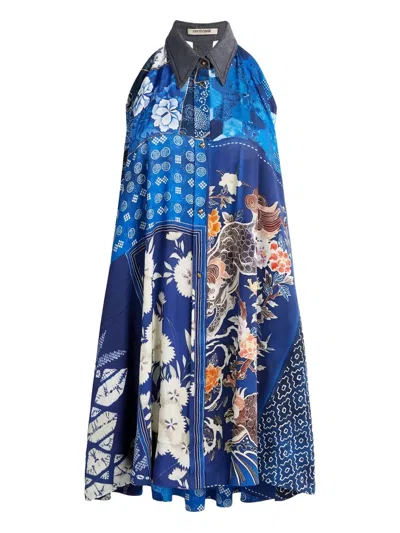 Roberto Cavalli Patchwork-print Sleeveless Mini Dress In Blue