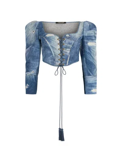 Roberto Cavalli Patchwork-effect Corset Top In Blue