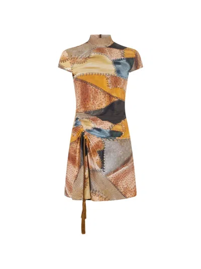 Roberto Cavalli Patchwork-print Tassel-detail Mini Dress In Neutral
