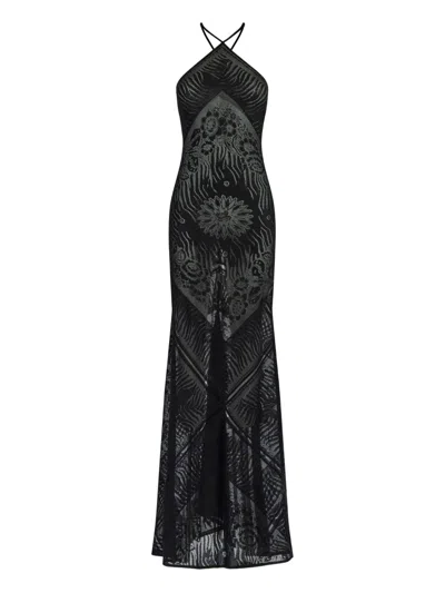 Roberto Cavalli Patterned-jacquard Maxi Dress In Black
