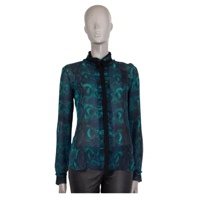 Pre-owned Roberto Cavalli Petrol Blue Turquoise Silk Sheer Snake Print Blouse Shirt 38 Xs