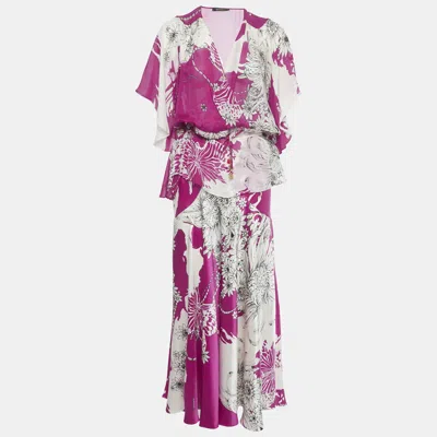 Pre-owned Roberto Cavalli Pink Floral Print Silk Top &skirt Set M/l