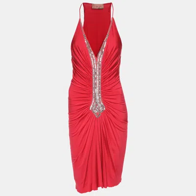 Pre-owned Roberto Cavalli Pink Jersey Crystal Ruched Embellishment Mini Dress M