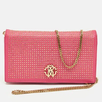 Roberto Cavalli Pink Leather Studded Wallet On Chain