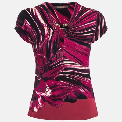 Pre-owned Roberto Cavalli Pink Printed Jersey Brooch Embellished Top S