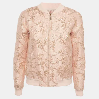 Pre-owned Roberto Cavalli Pink/gold Jacquard Zip Up Bomber Jacket Xs