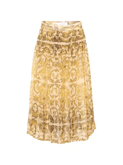 Roberto Cavalli Kids' Pleated Baroque-print Skirt In Gold