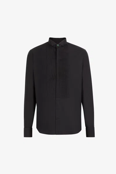Roberto Cavalli Pleated Bib Cotton Shirt In Black