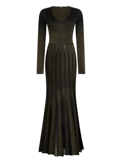 Roberto Cavalli Long Dress In Black And Gold With Pleated Skirt In Brown