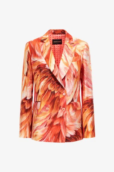 Roberto Cavalli Plumage Print Blazer In Orange