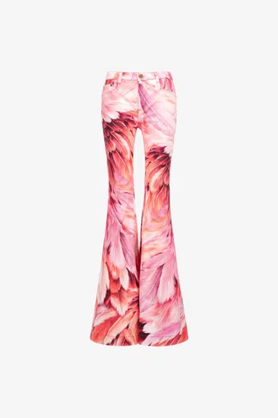 Roberto Cavalli Plumage Print Denim In Fuchsia