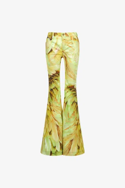 Roberto Cavalli Plumage Print Denim In Light Green