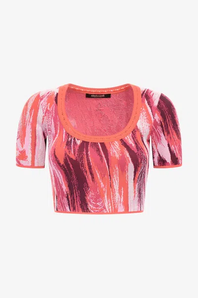 Roberto Cavalli Plumage Print Knitwear Top In Fuchsia