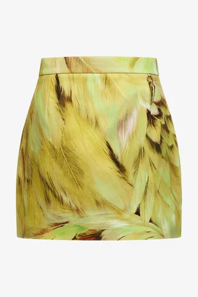 Roberto Cavalli Plumage Print Mini Skirt In Light Green