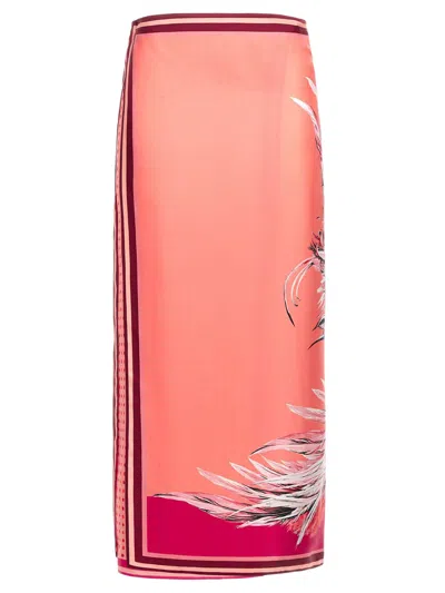 Roberto Cavalli Plumage Print Silk Skirt In Fuchsia