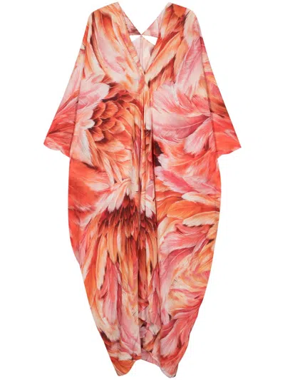 Roberto Cavalli Plumage-print V-neck Dress In 01505 Red Orange