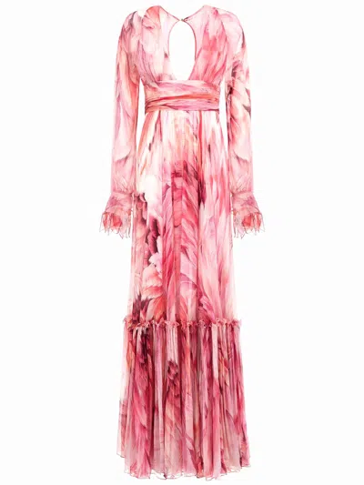 Roberto Cavalli Printed Silk Chiffon Crepon Long Dress In Fuchsia