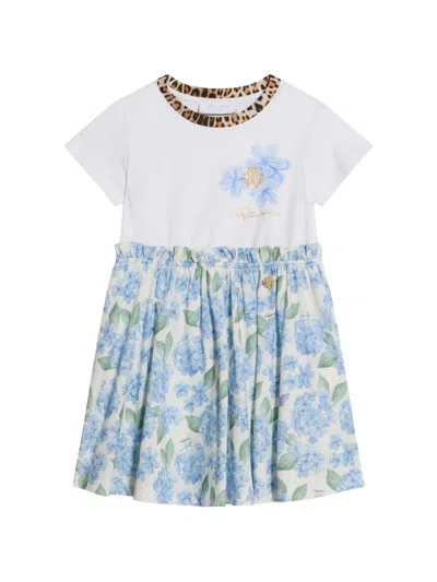 Roberto Cavalli Kids' Plumbago-print Leopard-trim Dress In Multi