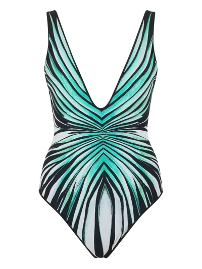 Roberto Cavalli Plunge Neck Ray Of Sea Print Swimsuit In Green