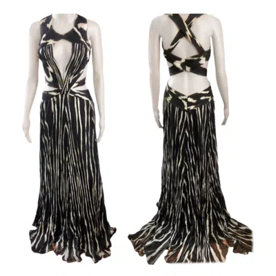 Pre-owned Roberto Cavalli Plunged D�collet� Cutout Back Zebra Print Evening Dress Gown In Black