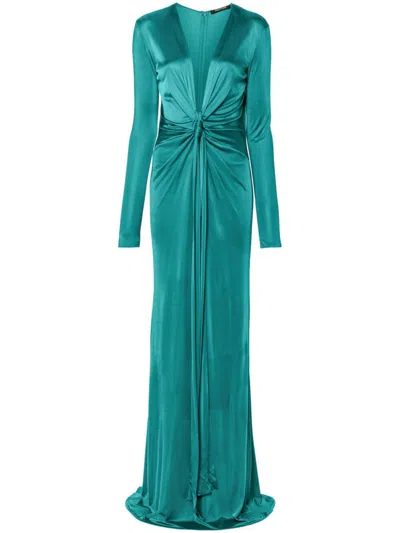 Roberto Cavalli Plunging Concealedv-neck Gown In 04503 Green Pavone