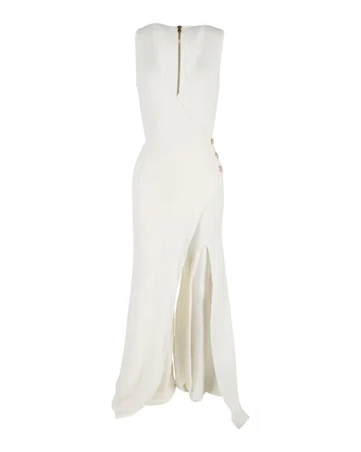 Roberto Cavalli Plunging Neck Slit Dress In Cream Wool In White