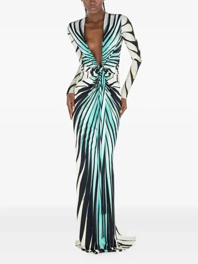 Roberto Cavalli Plunging-neckline Printed Gown In Green