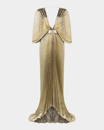 Roberto Cavalli Plunging Pleated Lame Silk Backless Gown In Gold