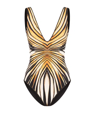 Roberto Cavalli Plunging Print Swimsuit In Brown