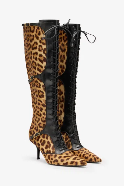 ROBERTO CAVALLI POINTED LACE-UP BOOTS WITH LEOPARD SKIN