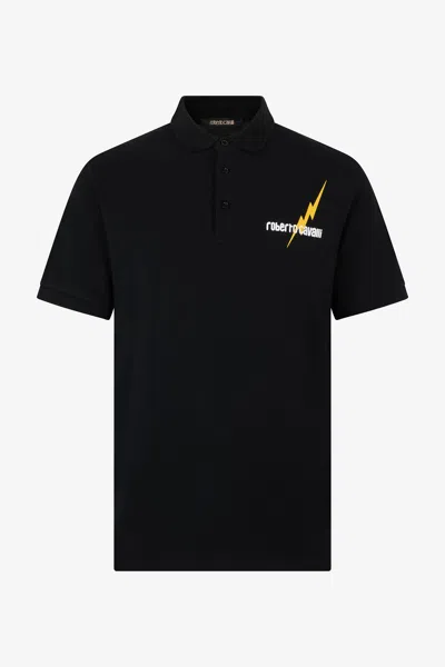 Roberto Cavalli Polo Shirt With Print And Logo In Black