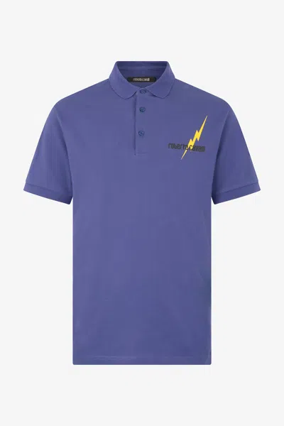 Roberto Cavalli Polo Shirt With Print And Logo In Navy
