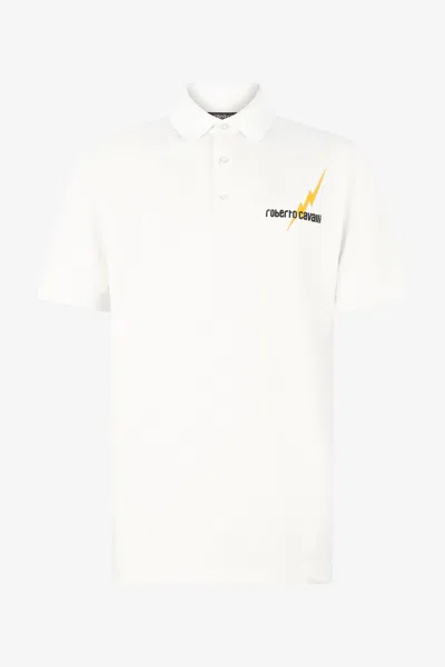 Roberto Cavalli Polo Shirt With Print And Logo In White