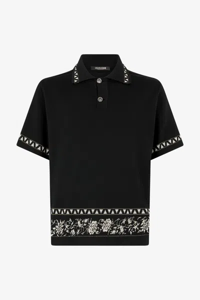 Roberto Cavalli Knitted Polo Shirt With Jacquard Pattern In Black