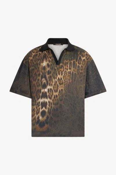 Roberto Cavalli Jaguar-print Short-sleeve Polo Shirt In Brown