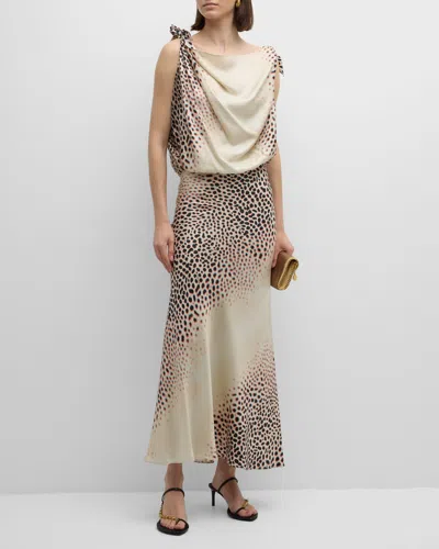 Roberto Cavalli Print Cowl-neck Tie Shoulder Silk Gown In Ivory