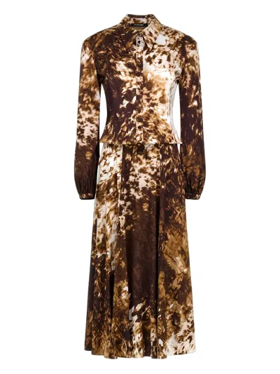 Roberto Cavalli Print Pleated Midi Dress In Brown