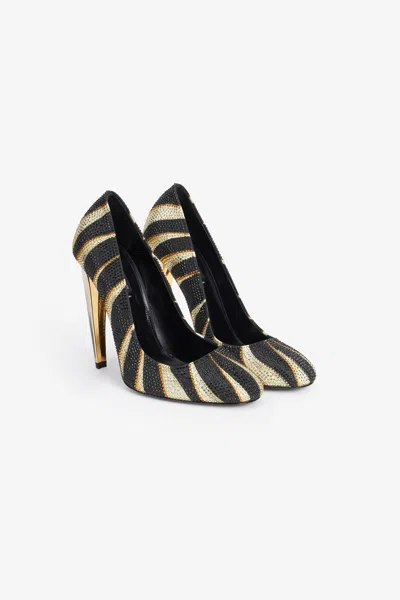 Roberto Cavalli Print Satin Pumps With Rhinestones In Gold