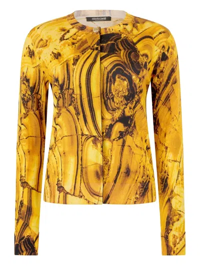 Roberto Cavalli Printed Button Cardigan In Yellow