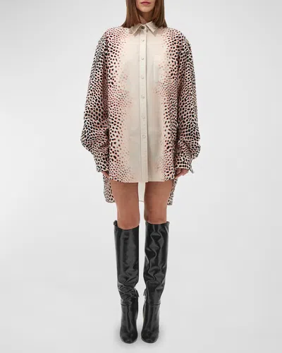 Roberto Cavalli Printed Button Down Short Shirt Dress In Ivory