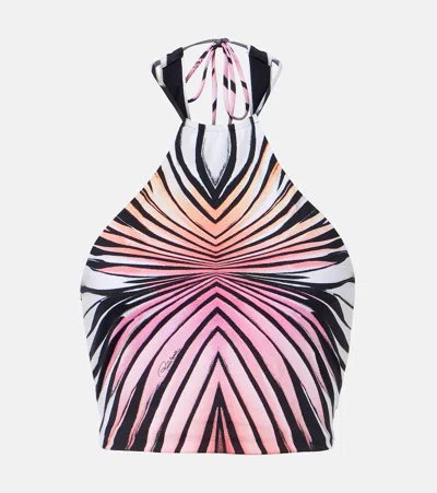 Roberto Cavalli Printed Halterneck Mesh Crop Top In Multi