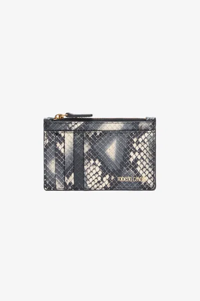 Roberto Cavalli Printed Leather Cardholder With Zip In Black/white
